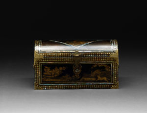 Namban Chest with Convex Cover Japan, Edo period (1603 -1868), 18th century Lacquered wood with gold paint and mother-of-pearl inlay 9.25 x 16.5 x 7 in. Crow Museum of Asian Art, 1978.13