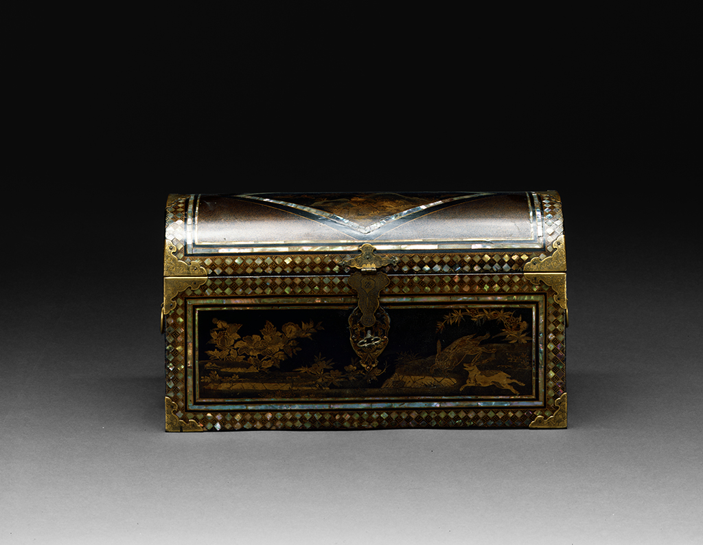 Namban Chest with Convex Cover Japan, Edo period (1603 -1868), 18th century Lacquered wood with gold paint and mother-of-pearl inlay 9.25 x 16.5 x 7 in. Crow Museum of Asian Art, 1978.13