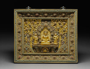 Plaque with Seated Crowned Buddha Nepal Shah period, 19th century Wood plaque, bronze, gilt, gilt wire, and jewels—pearls, garnets, turquoise, and gemstones 24 ½ x 20 ½ x 3 in. (62.2 x 52.1 x 7.6 cm.) Crow Museum of Asian Art, 1982.2