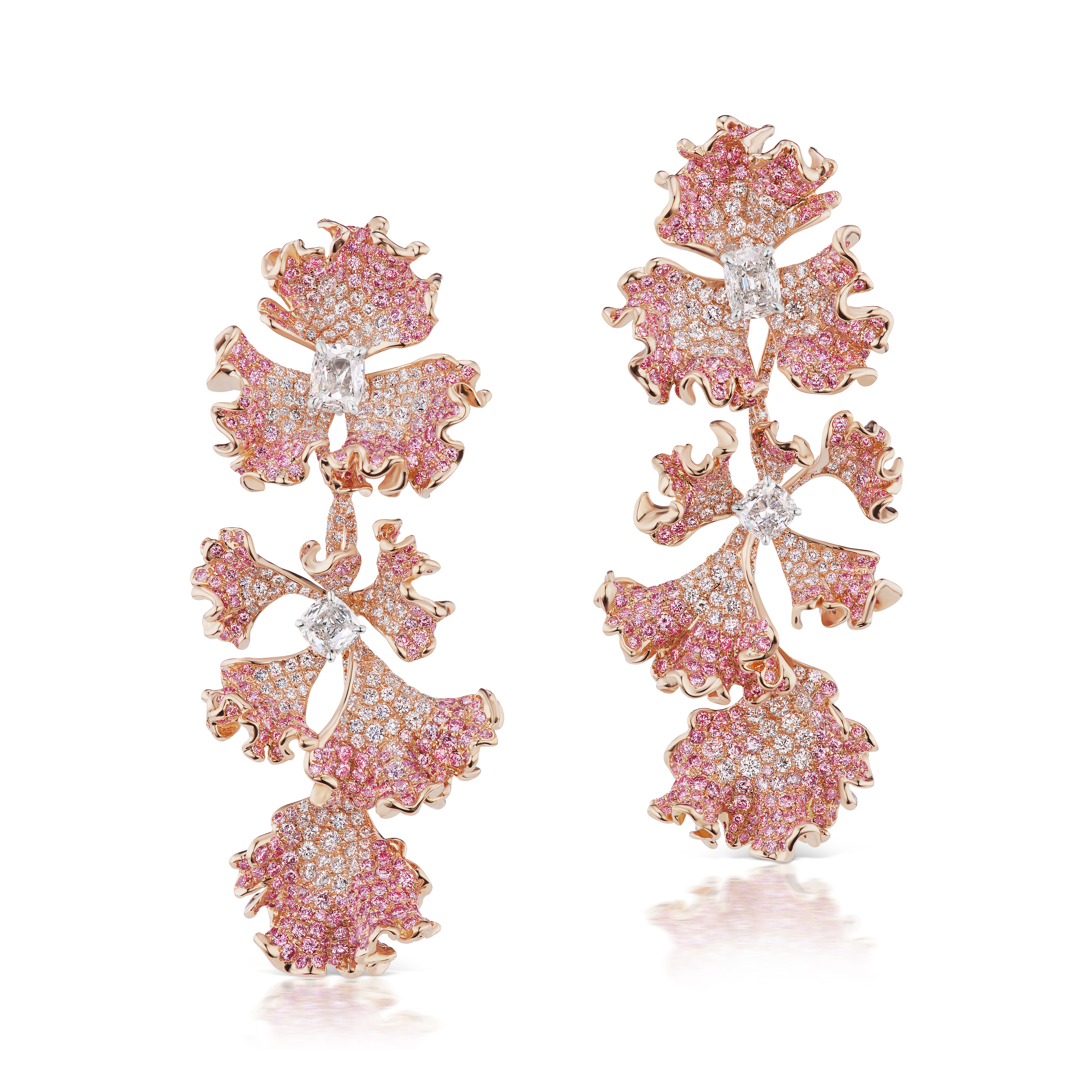 Brassica earrings – 18K rose gold tiered earrings with natural fancy pink and white diamonds and old mine cushion cut diamonds.