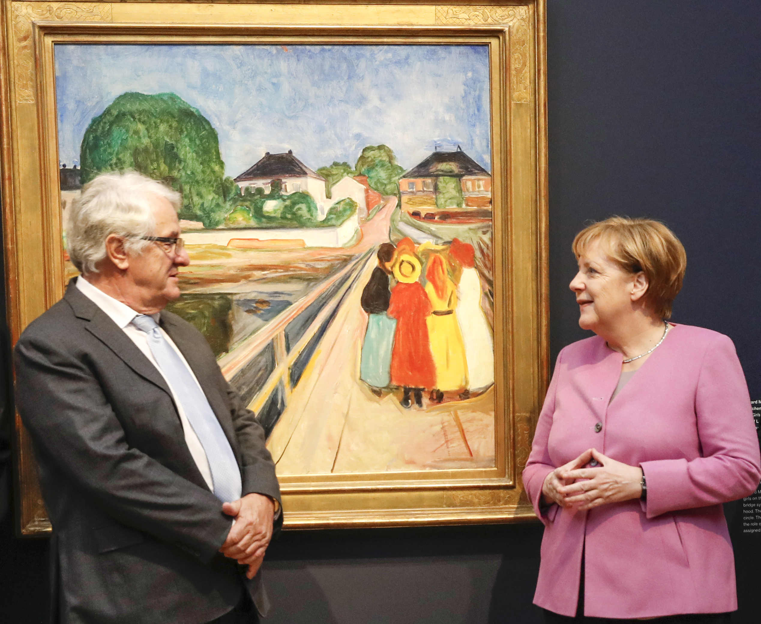 Hasso Plattner and Angela Merkel in front of Edvard Munchs Girls on the Bridge at Museum Barberini Photo Franziska Krug.